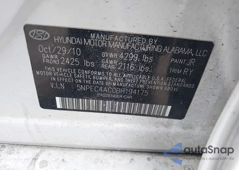 2011 Hyundai Sonata Se from USA, damaged, VIN 5NPEC4AC0BH194175